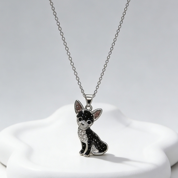 Jewelry - Black & White Chihuahua Rhinestone Pendant Necklace